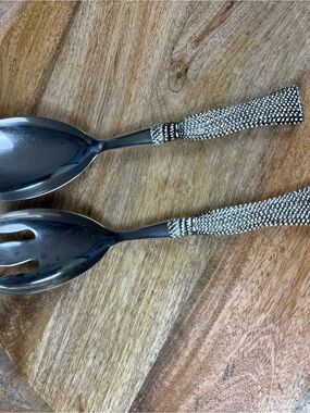 Vintage Beaded Handle Salad Server Set Stainless Steel Luxe Entertaining 11.5”